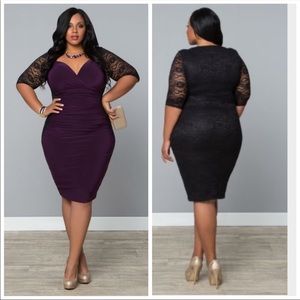 Kiyonna Dresses|Purple Ruched Black Lace NWT